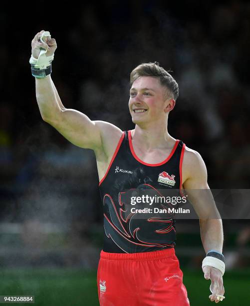 Nile Wilson of England celebrates during the Gymnastics Men's Rings Final on day four of the Gold Coast 2018 Commonwealth Games at Coomera Indoor...