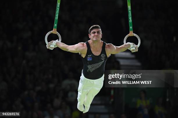 New Zealand's Devy Dyson competes in the men's rings final artistic gymnastics event during the 2018 Gold Coast Commonwealth Games at the Coomera...