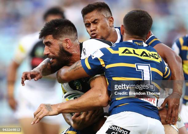 James Tamou of the Panthers is tackled by the Eels defence during the round five NRL match between the Parramatta Eels and the Penrith Panthers at...