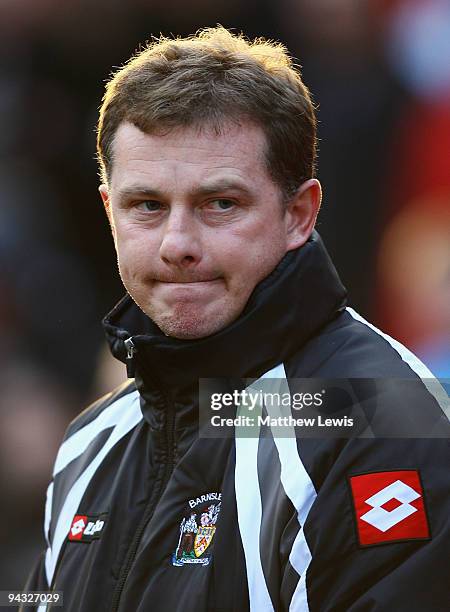 Mark Robins, manager of Barnsley looks on during the Coca-Cola Championship match between Barnsley and Newcastle United at Oakwell on December 12,...