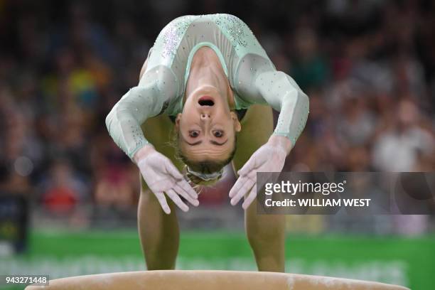 Wales' Holly Jones competes in the women's vault final artistic gymnastics event during the 2018 Gold Coast Commonwealth Games at the Coomera Indoor...