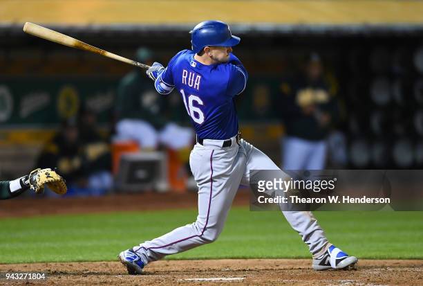 Ryan Rua of the Texas Rangers bats against the Oakland Athletics in the top of the fourth inning at the Oakland Alameda Coliseum on April 3, 2018 in...