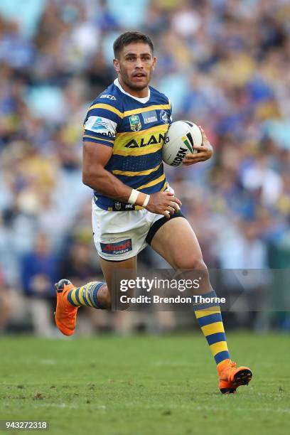 William Smith of the Eels runs the ball during the round five NRL match between the Parramatta Eels and the Penrith Panthers at ANZ Stadium on April...