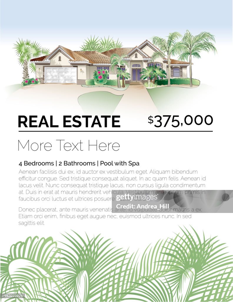 Tropical Real Estate Design Template with Southern-Style House, Palm Trees and Lush Foliage