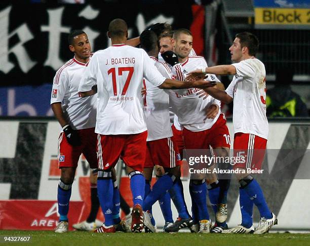 Players of Hamburg celebrate their second goal during the Bundesliga match between 1. FC Nuernberg and Hamburger SV at Easy Credit Stadium on...