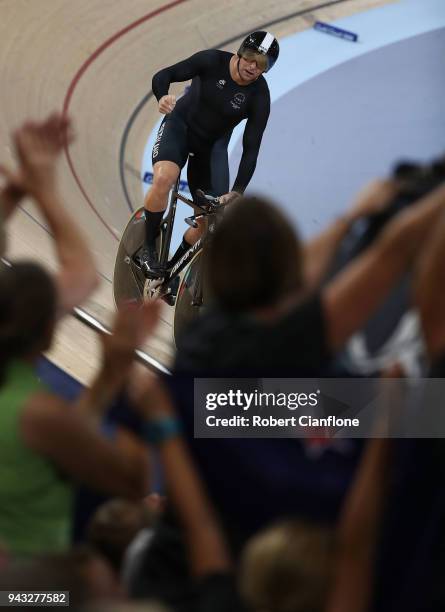 Edward Dawkins of New Zealand celebrates after competing in the MenÕs 1000m Time Trial Final during Cycling on day four of the Gold Coast 2018...