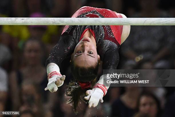 Canada's Isabela Onyshko competes in the women's uneven bars final artistic gymnastics event during the 2018 Gold Coast Commonwealth Games at the...
