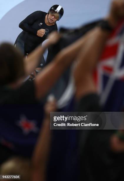 Edward Dawkins of New Zealand celebrates after competing in the MenÕs 1000m Time Trial Final during Cycling on day four of the Gold Coast 2018...