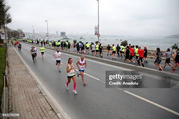 Participants compete in the 13th Vodafone Istanbul Half Marathon, started from the Yenikapi Square, in Istanbul, Turkey on April 08, 2018.