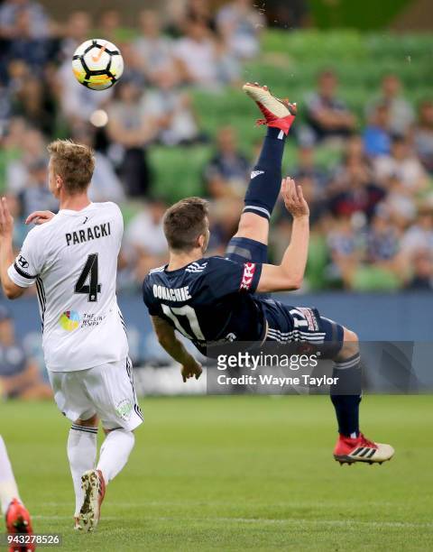 Melbournes James Donachie during the round 26 A-League match between the Melbourne Victory and the Wellington Phoenix at AAMI Park on April 8, 2018...