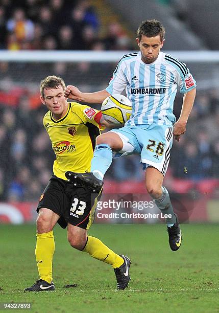 Lee Hendrie of Derby controls the ball while under pressure from Lee Hodson of Watford during the Coca-Cola Championship match between Watford and...