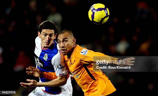 Keith Andrews of Blackburn competes for the ball with Craig Fagan of Hull during the Barclays Premier League match between Hull City and Blackburn...