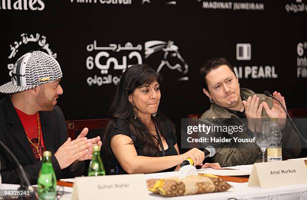 Suhell Nafar, Amal Murkus and Fermin Muguruza attend the fourth day of the 2009 Dubai International Film Festival on December 12, 2009 in Dubai,...