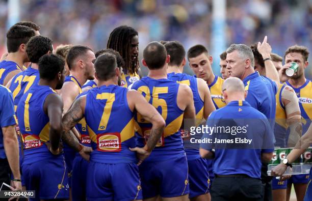 Adam Simpson, Senior Coach of the Eagles during the round three AFL match between the West Coast Eagles and the Geelong Cats at Optus Stadium on...