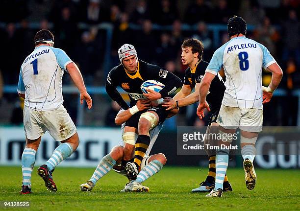 Dan Ward-Smith of London Wasps charges with the ball during the Amlin Challenge Cup match between London Wasps and Bayonne at Adams Park on December...