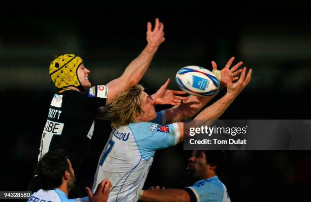 Richard Birkett of London Wasps and Remy Martin of Bayonne battle for the ball during the Amlin Challenge Cup match between London Wasps and Bayonne...