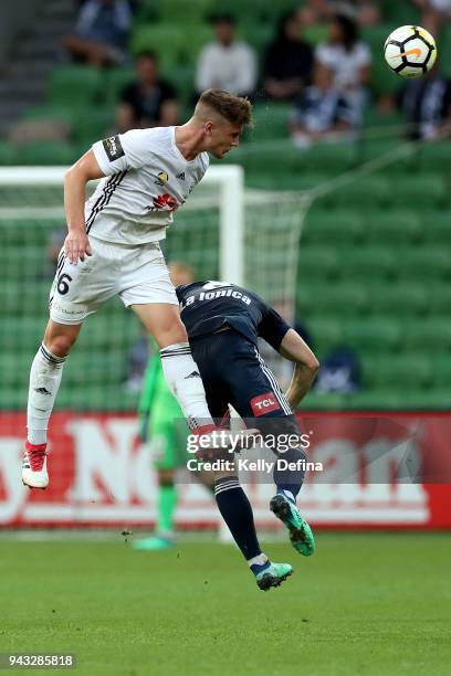 Dylan Fox of Wellington Phoenix heads the ball during the round 26 A-League match between the Melbourne Victory and the Wellington Phoenix at AAMI...