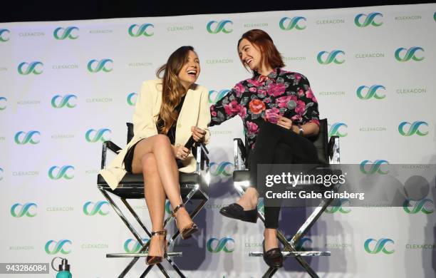 Actresses Dominique Provost-Chalkley and Katherine Barrell speak at the "WayHaught" panel during the ClexaCon 2018 convention at the Tropicana Las...