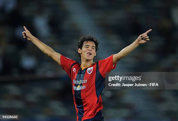 Daniel Arreola of Atlante celebrates scoring Atlante's opening goal during the FIFA Club World Cup quarter-final match between Auckland City and...