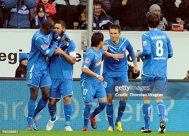 Players of Hoffenheim celebrate after Sejad Salihovic scores the 1:0 during the Bundesliga match between TSG 1899 Hoffenheim and Eintracht Frankfurt...