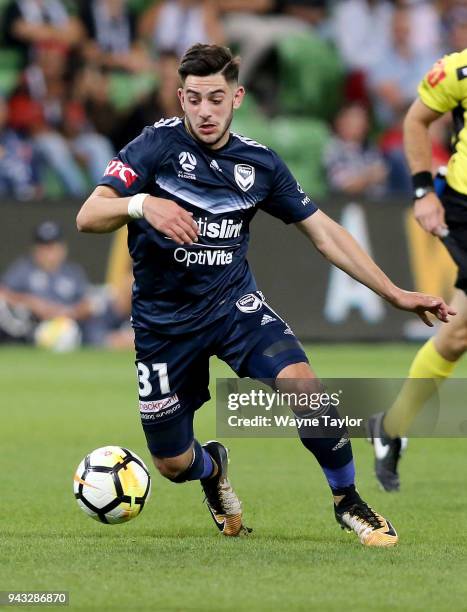 Melbournes Christian Theoharous during the round 26 A-League match between the Melbourne Victory and the Wellington Phoenix at AAMI Park on April 8,...