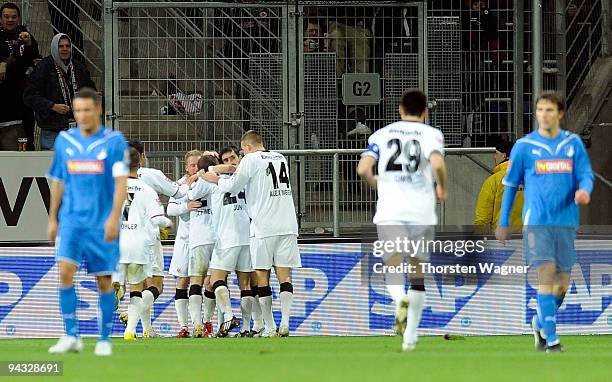 Players of Frankfurt celebrate after Pirmin Schwegler scores the 1:1 during the Bundesliga match between TSG 1899 Hoffenheim and Eintracht Frankfurt...
