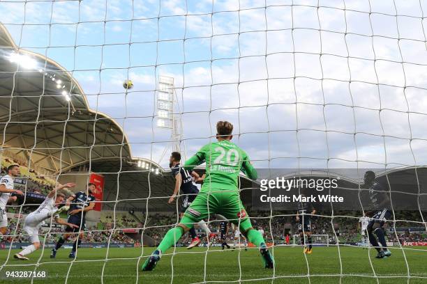 Lawrence Thomas of Melbourne Victory looks on in defence during the round 26 A-League match between the Melbourne Victory and the Wellington Phoenix...