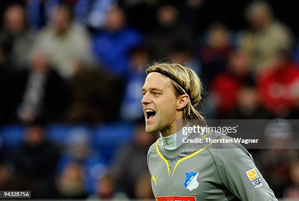 Goalkeeper Timo Hildebrand of Hoffenheim gestures during the Bundesliga match between TSG 1899 Hoffenheim and Eintracht Frankfurt at Rhein-Neckar...