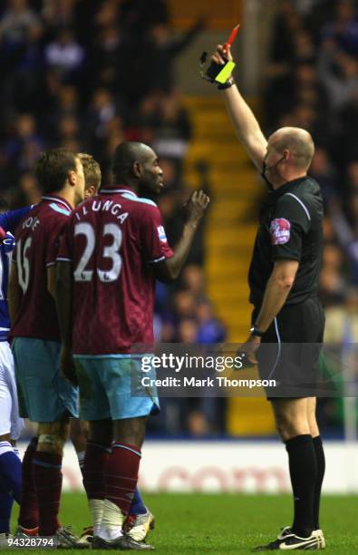 Referee Lee Mason shows the red card tro Mark Noble of West Ham United during the Barclays Premier League match between Birmingham City and West Ham...