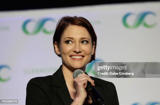 Actress Chyler Leigh speaks at the "Behind the Badge: Alex Danvers" panel during the ClexaCon 2018 convention at the Tropicana Las Vegas on April 7,...