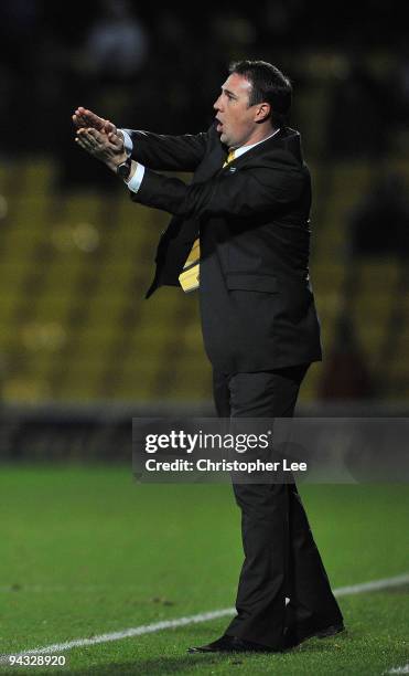 Manager Malky Mackay of Watford shouts at his players during the Coca-Cola Championship match between Watford and Derby County at Vicarage Road on...