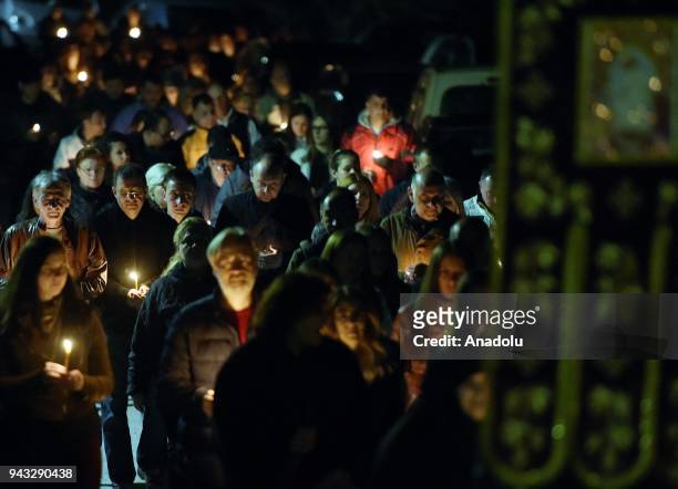 Orthodox Christians attend a mass to celebrate the Orthodox Easter at Marko's Monastery near Skopje, Macedonia on April 8, 2018. The Macedonian...