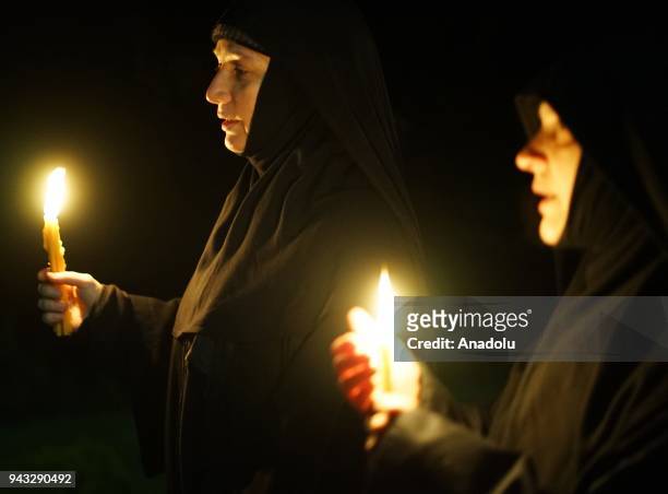 Nuns attend a mass to celebrate the Orthodox Easter at Marko's Monastery near Skopje, Macedonia on April 8, 2018. The Macedonian Orthodox Church...