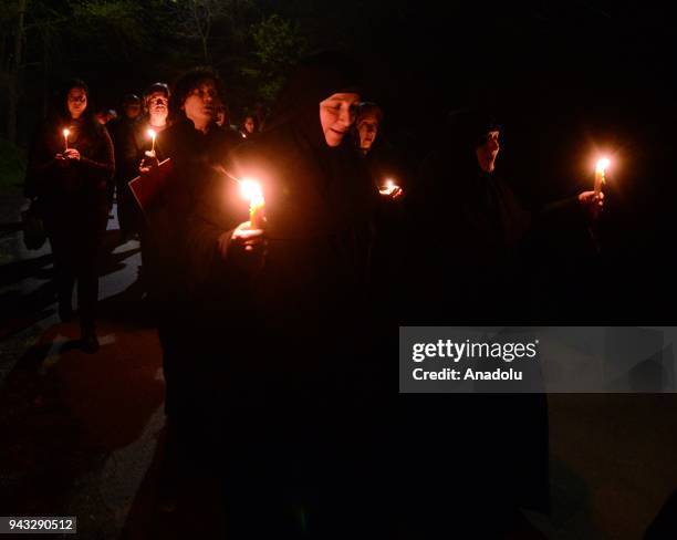 Nuns attend a mass to celebrate the Orthodox Easter at Marko's Monastery near Skopje, Macedonia on April 8, 2018. The Macedonian Orthodox Church...