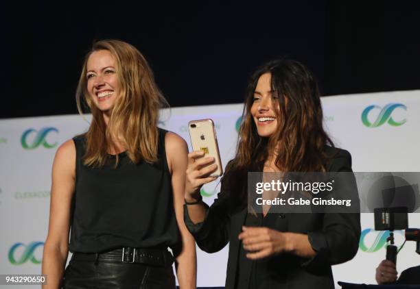 Actresses Amy Acker and Sarah Shahi speak at the "Shoot Reunion" panel during the ClexaCon 2018 convention at the Tropicana Las Vegas on April 7,...