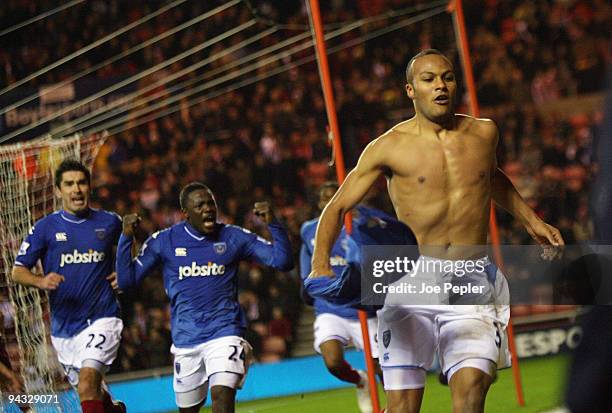 Younes Kaboul of Portsmouth competes scoring late goal during the Barclays Premier League match between Sunderland and Portsmouth at The Stadium of...