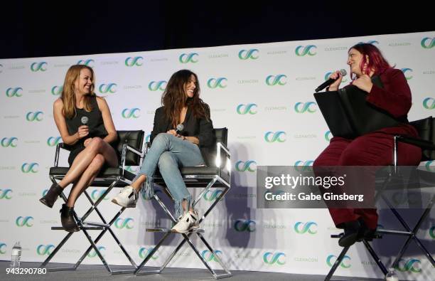 Actresses Amy Acker, Sarah Shahi and Bella Books Blog managing editor Dana Piccoli speak at the "Shoot Reunion" panel during the ClexaCon 2018...