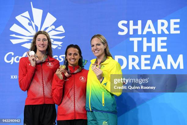 Silver medalist Taylor Ruck of Canada, gold medalist Kylie Masse of Canada and bronze medalist Emily Seebohm of Australia pose during the medal...