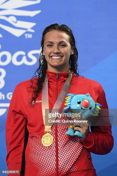 Gold medalist Kylie Masse of Canada poses during the medal ceremony for the Women's 200m Backstroke Final on day four of the Gold Coast 2018...