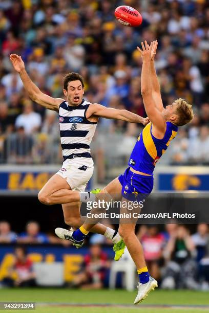 Brad Sheppard of the Eagles takes a mark during the 2018 AFL round 03 match between the West Coast Eagles and the Geelong Cats at Perth Stadium on...