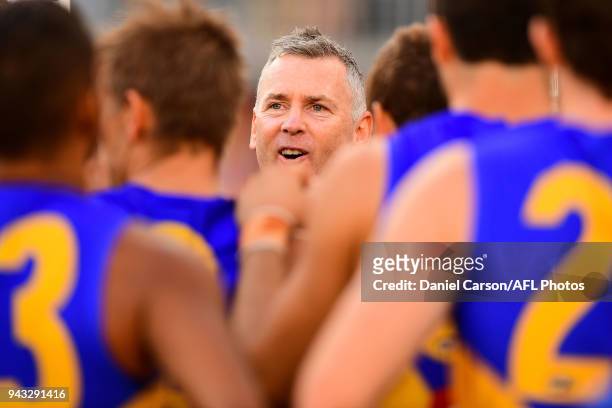 Adam Simpson, coach of the Eagles addresses the team at three quarter time during the 2018 AFL round 03 match between the West Coast Eagles and the...