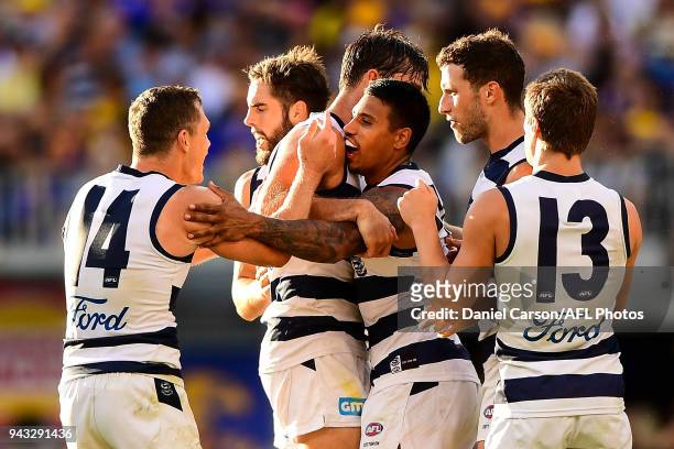 Tim Kelly of the Cats celebrates a goal during the 2018 AFL round 03 match between the West Coast Eagles and the Geelong Cats at Perth Stadium on...