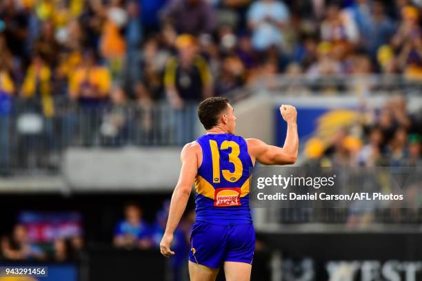 Luke Shuey of the Eagles celebrates the win during the 2018 AFL round 03 match between the West Coast Eagles and the Geelong Cats at Perth Stadium on...