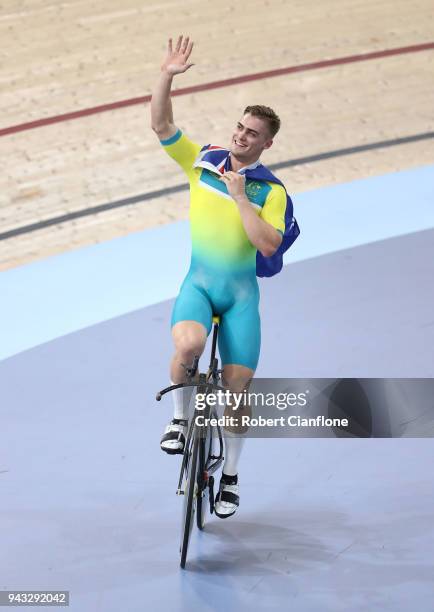 Matt Glaetzer of Australia celebrates after winning the gold medal in the MenÕs 1000m Time Trial Final during Cycling on day four of the Gold Coast...