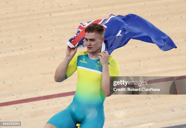 Matt Glaetzer of Australia celebrates after winning the gold medal in the MenÕs 1000m Time Trial Final during Cycling on day four of the Gold Coast...