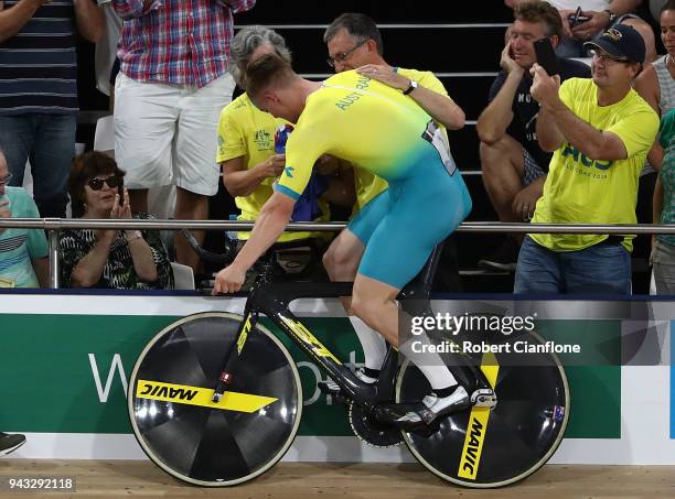 Matt Glaetzer of Australia celebrates after winning the gold medal in the MenÕs 1000m Time Trial Final during Cycling on day four of the Gold Coast...