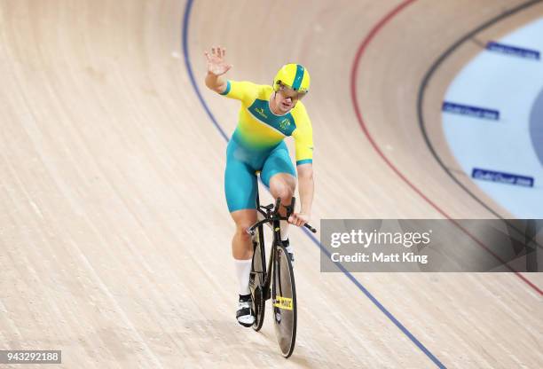 Matt Glaetzer of Australia celebrates winning the Men's 1000m Time Trial during Cycling on day four of the Gold Coast 2018 Commonwealth Games at Anna...