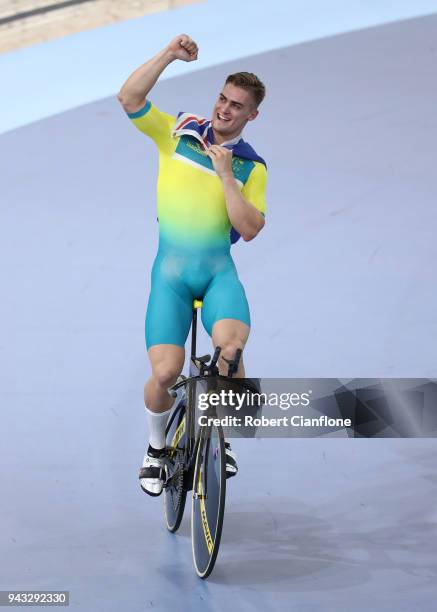 Matt Glaetzer of Australia celebrates after winning the gold medal in the MenÕs 1000m Time Trial Final during Cycling on day four of the Gold Coast...