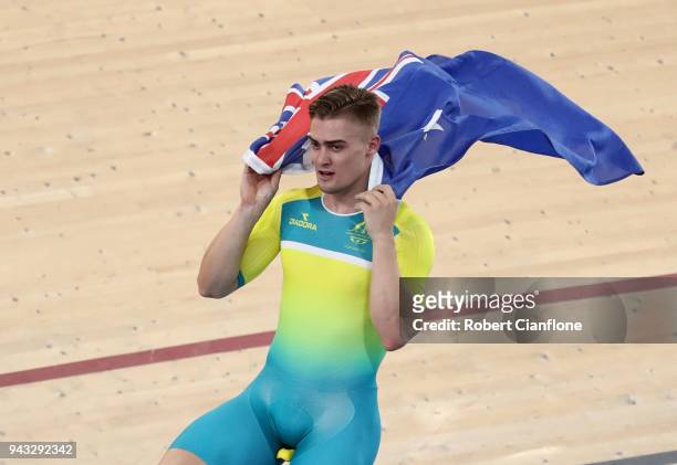 Matt Glaetzer of Australia celebrates after winning the gold medal in the MenÕs 1000m Time Trial Final during Cycling on day four of the Gold Coast...