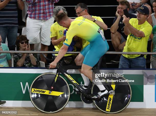 Matt Glaetzer of Australia celebrates after winning the gold medal in the MenÕs 1000m Time Trial Final during Cycling on day four of the Gold Coast...